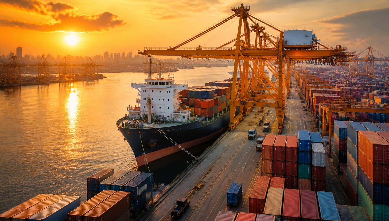 Container ship docked at a busy international port with stacked shipping containers