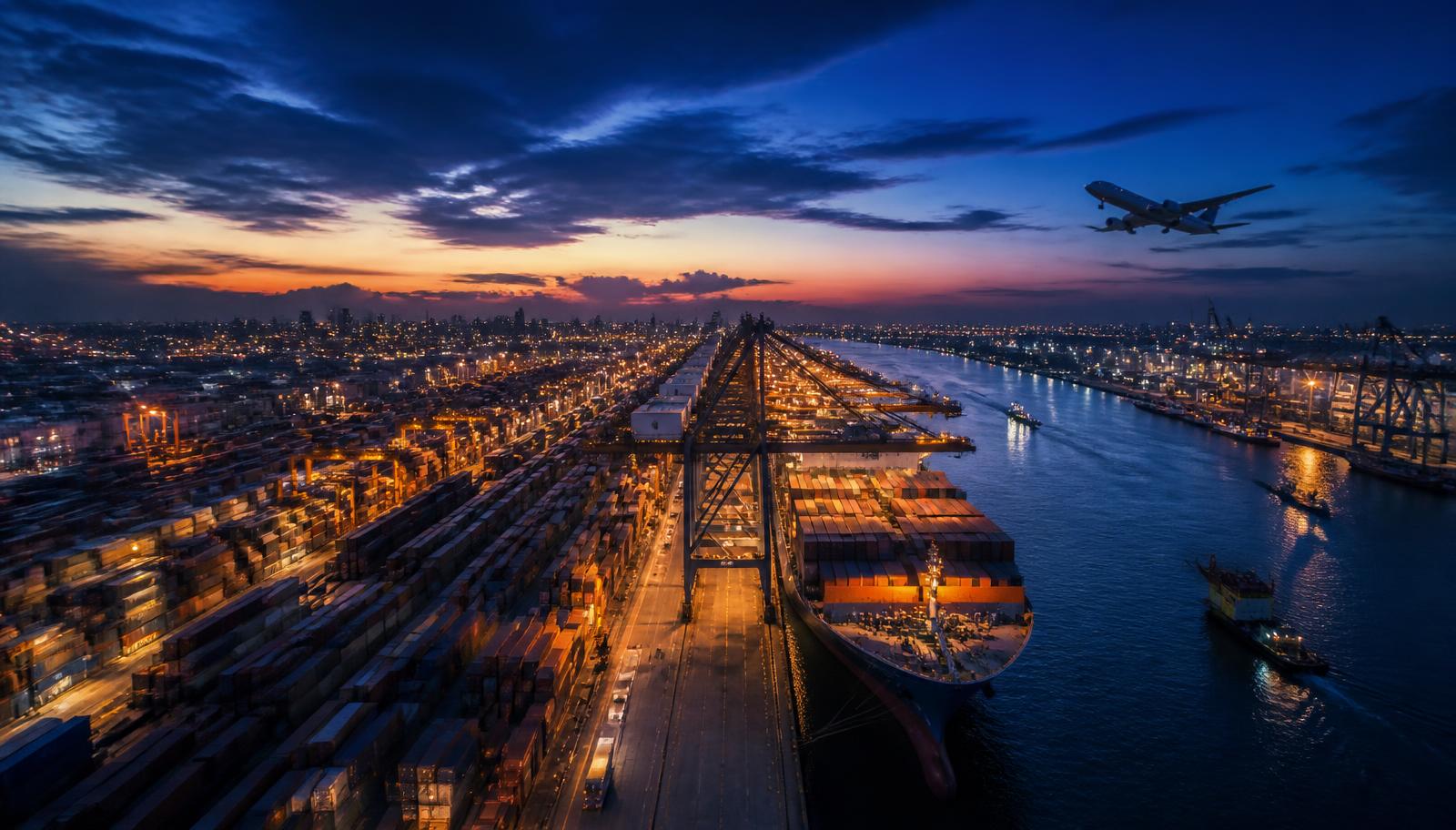 Container port at dusk with cargo ship and aircraft